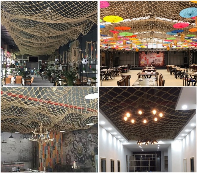 ตาข่ายตกแต่งจากเชือกมะนิลาเทียม ตกแต่งเพดาน ตกแต่งห้องสไตล์มินิมอล ตกแต่งคาเฟ่ร้านอาหาร บังแดด