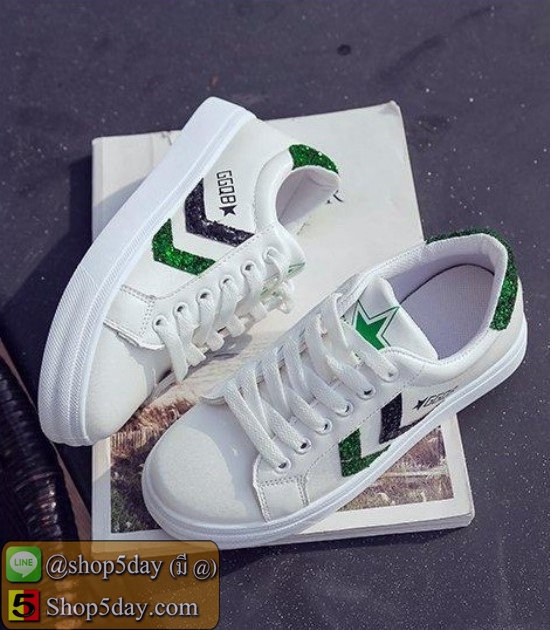 รองเท้าผ้าใบ สไตล์เกาหลี ตกแต่งลายเก๋ๆ (แถบเขียว)