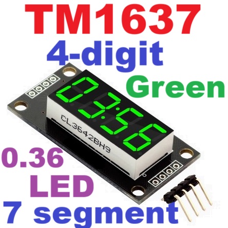 TM1637 LED สีเขียว 4 หลัก 0.36 นิ้ว (0.36")ปรับความสว่างได้ 4-digit 7 segment display module 0.36 inch LED brightness adjustable with clock point