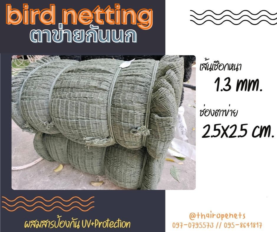 อวนตาข่ายดักนก bird netting สีเขียวขี้ม้า ความสูง 6 เมตร รุ่นเชือกหนา 1.3 มิล ช่องตา 2.5 cm. กดเลือกความยาวตามต้องการได้เลย