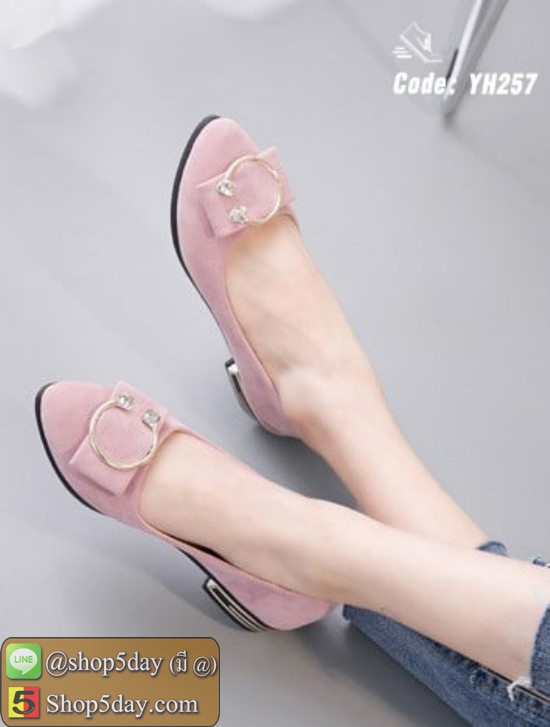 รองเท้าคัชชูส้นเตี้ย ดีไซน์ทรงหัวแหลม (ชมพู)