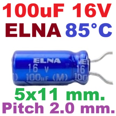 ตัวเก็บประจุ 100uF 16V pitch 2 mm. 85C ELNA Capacitor