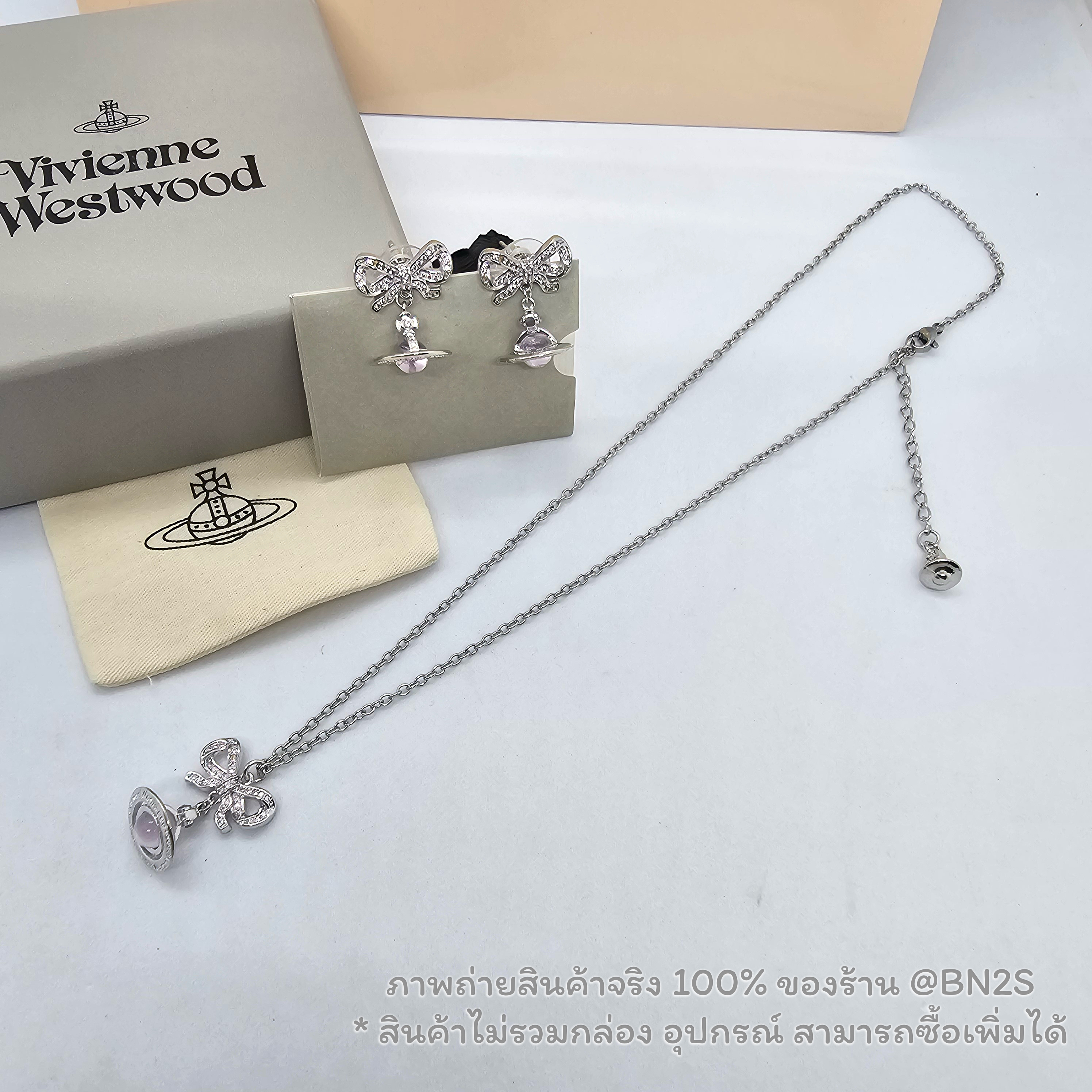สร้อยคอ | Vivienne Westwood OCTAVIE สร้อยคอ ต่างหู วิเวียน ทรงโบว์ประดับคริสตัล พร้อมจี้ดาวเสาร์ เพชรชมพู ชนช๊อป งานสวย ไม่รวมกล่อง อุปกร์