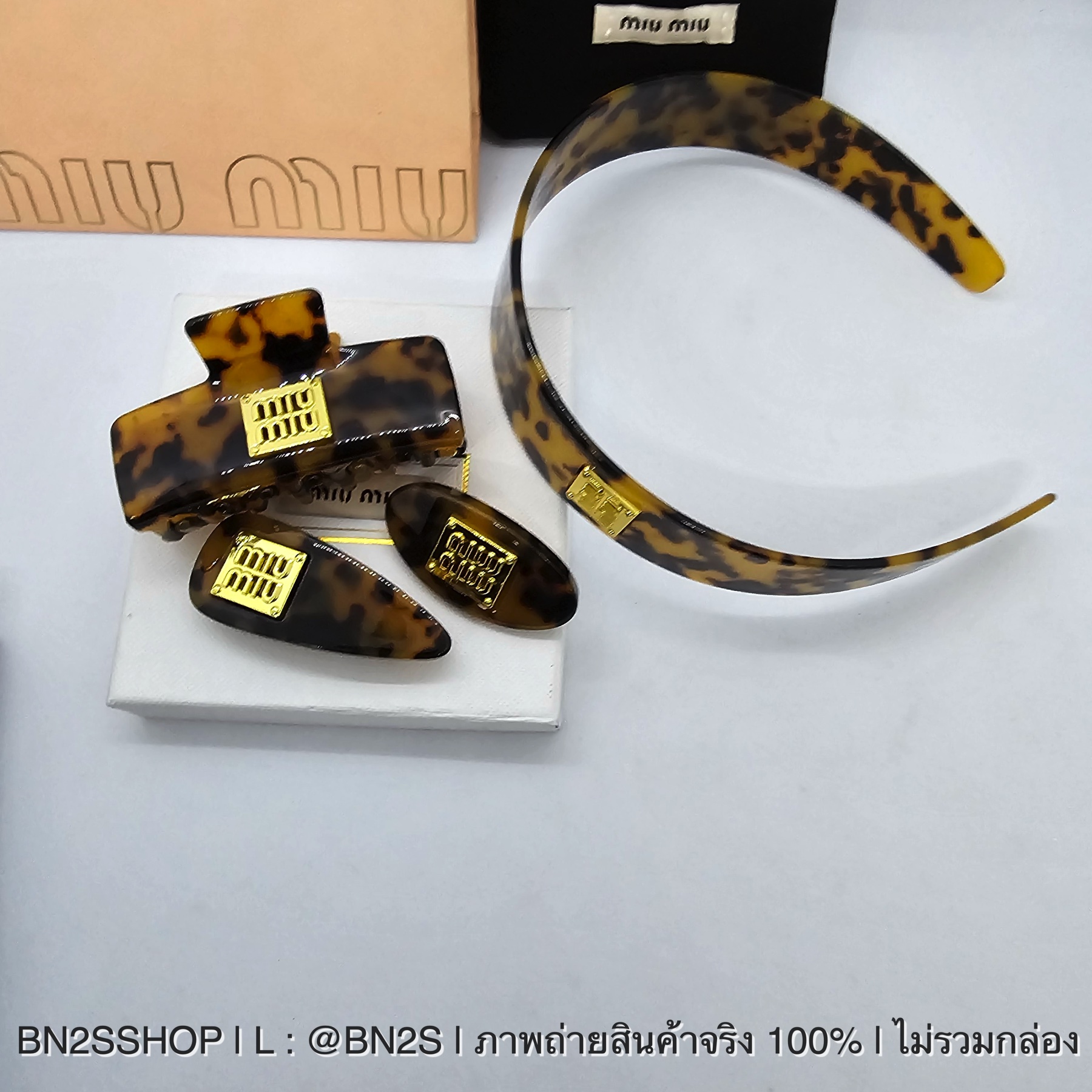 ที่คาดผม | MIU MIU Plexiglas Headband and hair clip สี Tortoiseshell/Gold รวมรุ่น ที่คาดผม กิ๊บติดผม มิว มิว สีน้ำตาลลายกะ ติดโลโก้