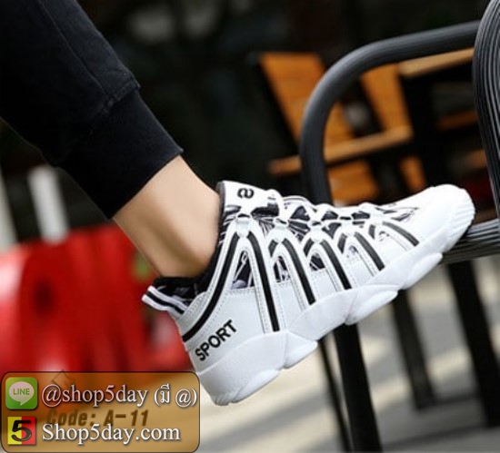 รองเท้าผ้าใบ + PU ทรง SPORT สุดชิค (ขาว-ดำ)