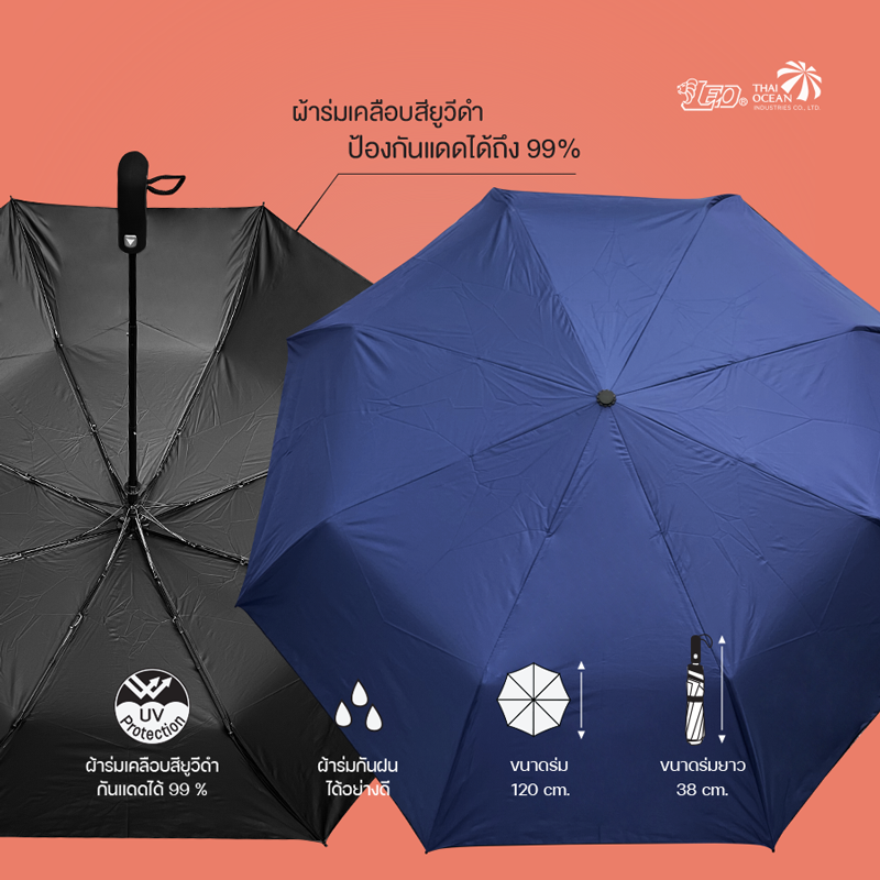 Leo ร่มพับออโต้เปิด ผ้ายูวีดำกันแดด 99% กันแดดได้ดีกว่าผ้า UV สีเงิน