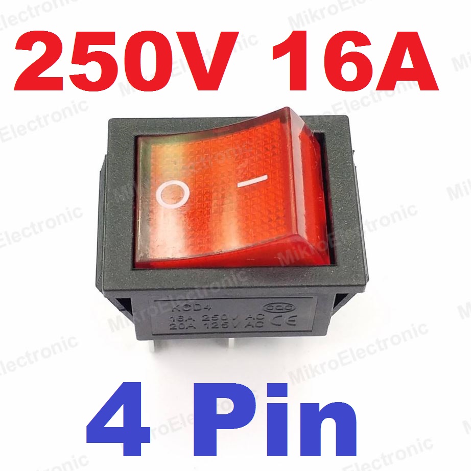 สวิตช์กระดก 4 ขา มีไฟสีแดง Rocker Switch 16A 250V (20A 125V) AC Electrical Equipment Switches 4 Pin KCD4 สวิทช์