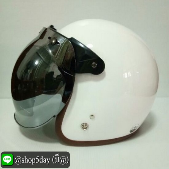 🔥หมวกกันน็อคแนววินเทจสีขาวเงา คิ้วน้ำตาล พร้อมหน้ากากสีปรอทเงิน สามารถเปิดหน้าได้