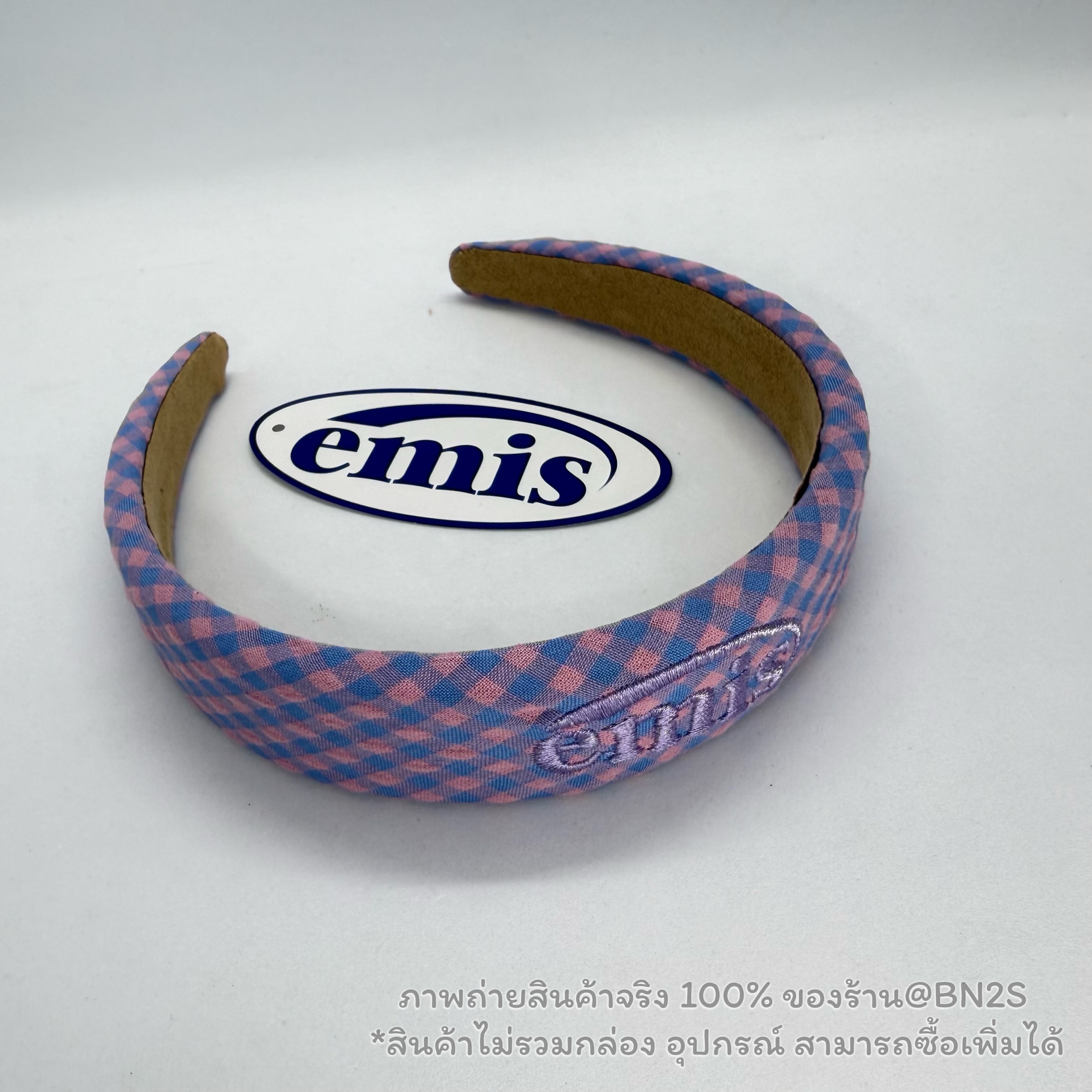 สีม่วง | 3 สีใหม่ 🌈ที่คาดผมอีมีส แบรนด์เกาหลี EM Gingham Check Hairband ลายตาราง ปั๊กโลโก้ E M I S รุ่นใหม่ชนช๊อป พร้อมส่งในไทย ไม่มีกล่อง อุปกรณ์