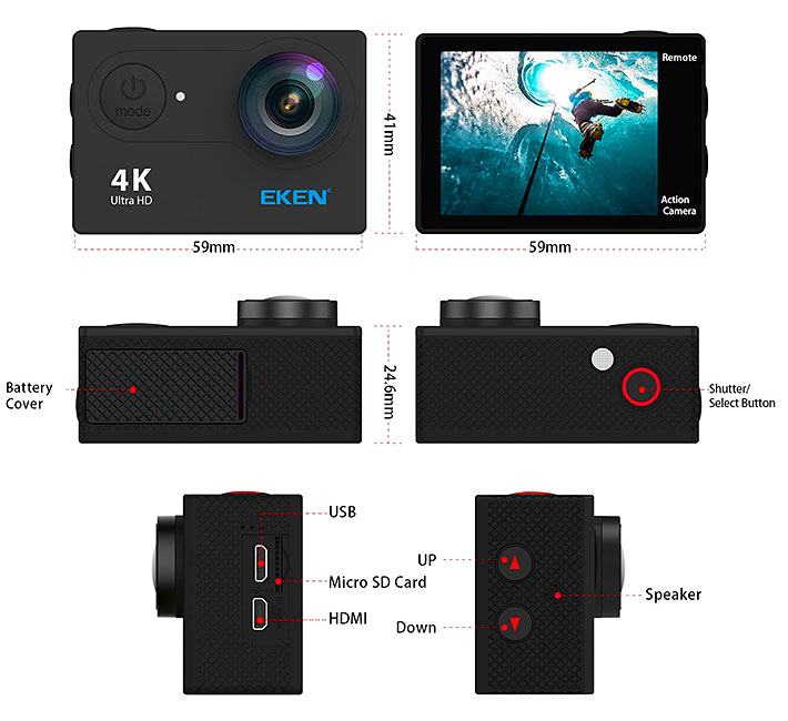 กล้อง EKEN H9R 4K Action Camera เป็นกล้องมีความละเอียดสูง 4K มาพร้อมกับ รีโมทไร้สาย Remote 2.4G ใช้งานได้ไกล 10 เมตร