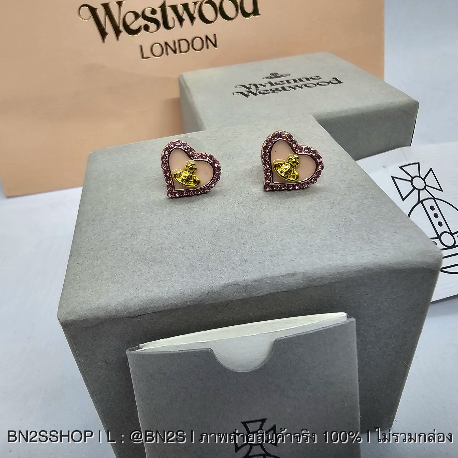 Vivienne Westwood Petra Earrings ต่างหูวิวเวียน รูปหัวใจล้มเพชร สีชมพู งานวินเทจ สีสวย อะไหล่ทอง ชมพู