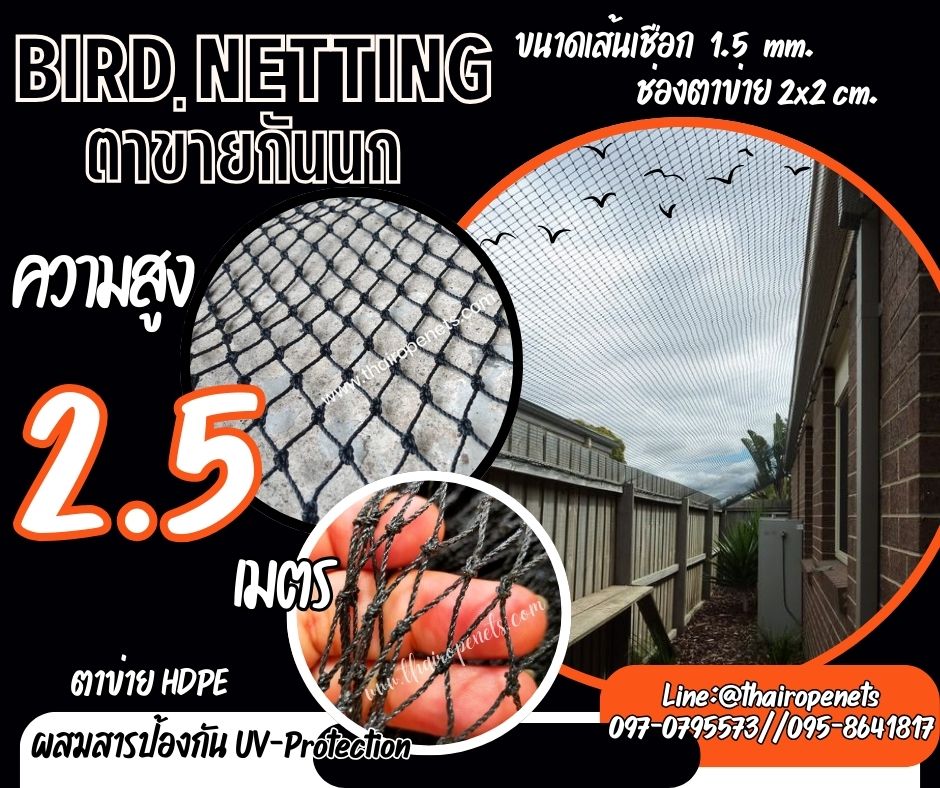 ตาข่ายกั้นนก กันสัตว์ สีดำ bird netting ความสูง 2.5 เมตร รุ่นเชือกหนา 1.5 มิล ช่องตา 2 cm. ผสมสารป้องกัน UV