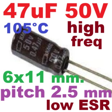 ตัวเก็บประจุ 47uF 50V pitch 2.5 mm. 6X11mm. NCC Black King Kong Electrolytic Capacitor KY Series High Frequency Low Resistance