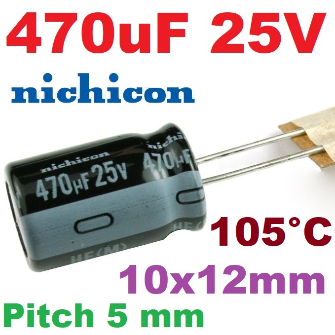 ตัวเก็บประจุ 470uF 25V Pitch 5 mm.105C 10x12mm Nichicon