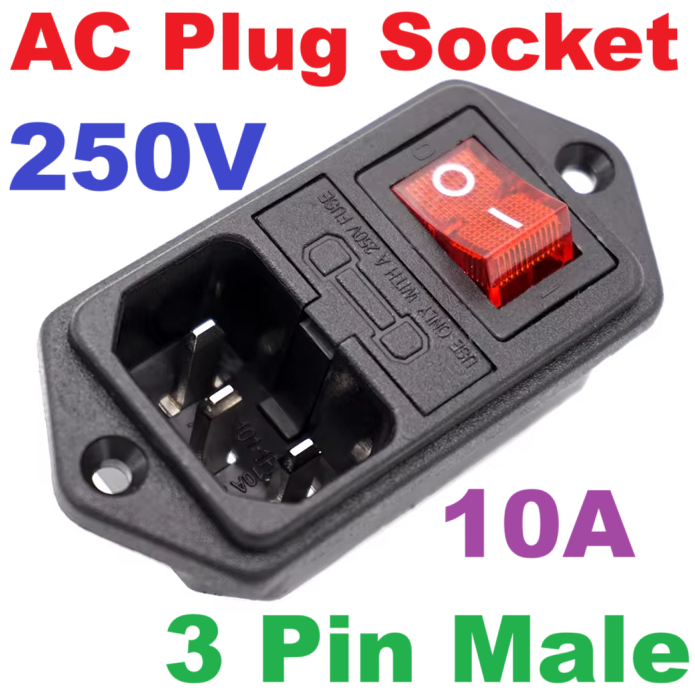 AC 250V 10A male plug socket, hexagonal shape + on/off switch, model AC-01A 3 Pin Male พร้อมสวิทช์และฟิวส์ 10A