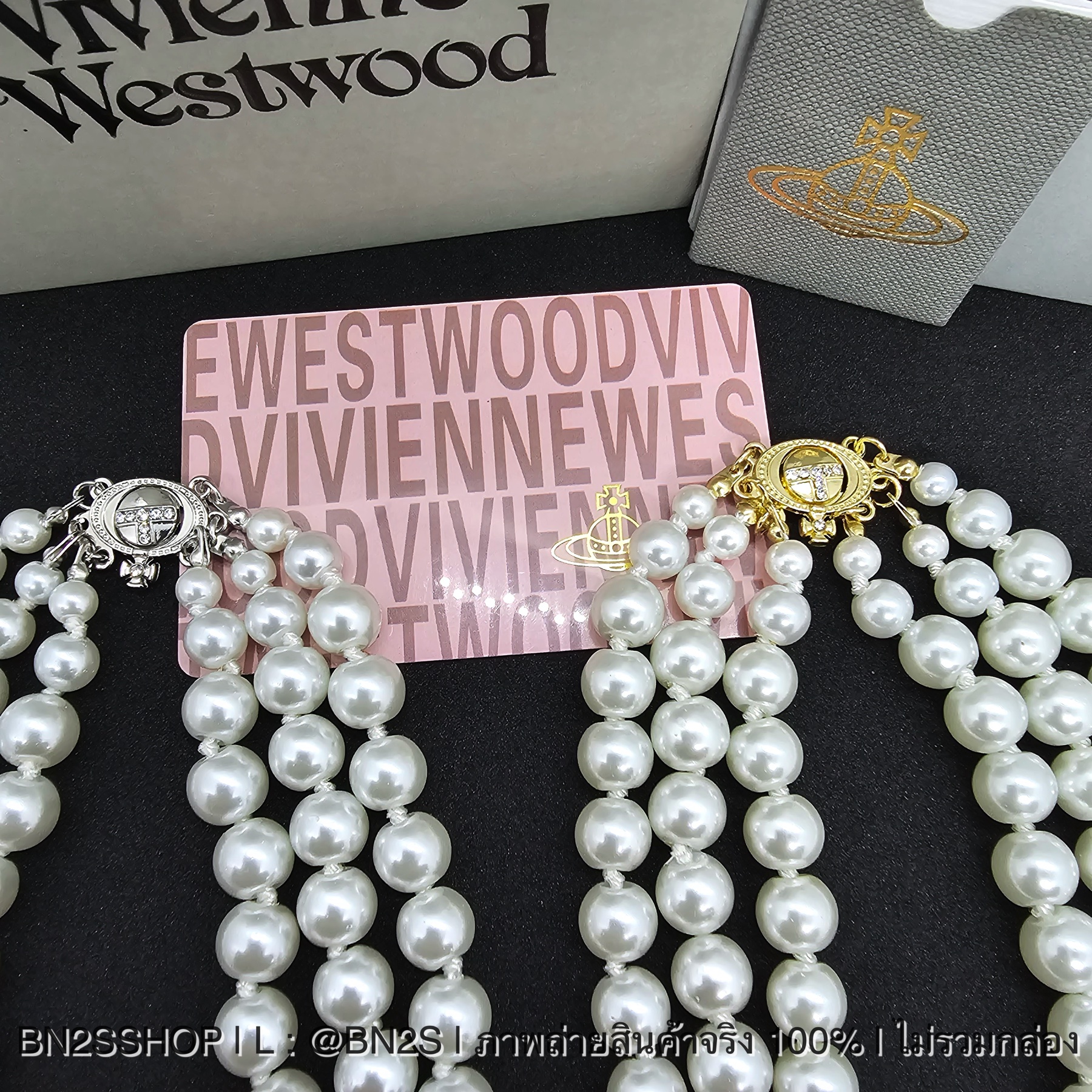 สีทอง | Vivienne Westwood สร้อยคอโชกเกอร์ VW Three Row Chocker ไข่มุก 3 ชั้น ห้อยจี้ดาวเสาร์อะไหล่เงิน ทอง งานปั๊มแบรนด์ด้านหลัง
