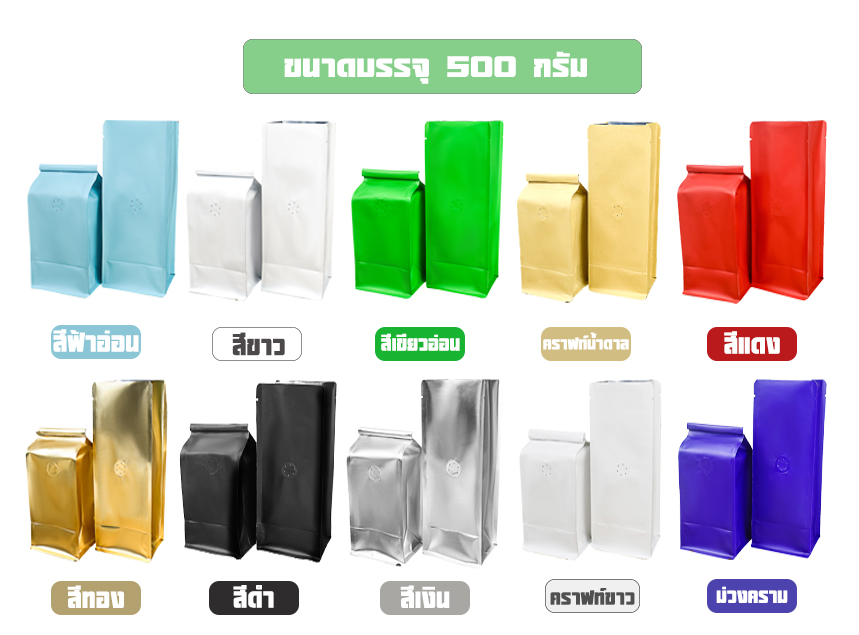 ถุงกาแฟ เมทัลไลท์ ติดวาล์ว ตั้งได้ ขยายข้าง+ลวดปิด (ขนาด 500กรัม) 12*28+9cm.**** (10ซอง/แพค)****