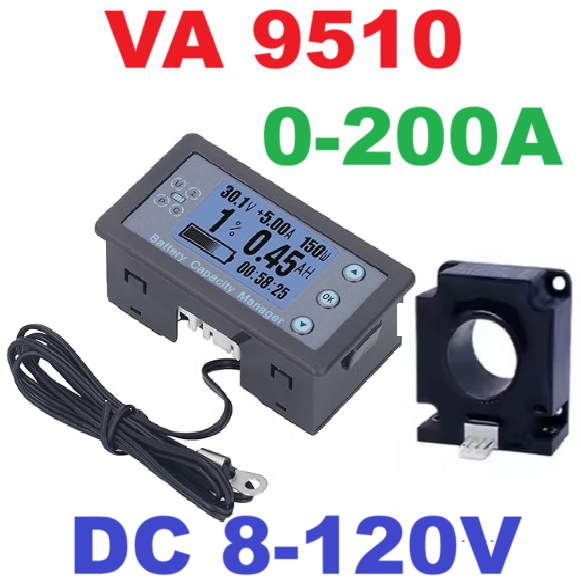เครื่องวัดแรงดันไฟฟ้า Va9510 Battery Capacity Manager LCD Monitor Coulometer Manage Battery Life 8-120V 0-200A for Radio Frequency Attenuators