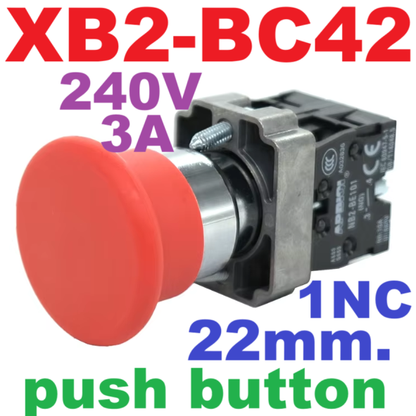 Mushroom head button XB2-BC42 red color self-reset switch push button switch 22mm. ZB2-BE102C normal closed Contact (NC.) High quality