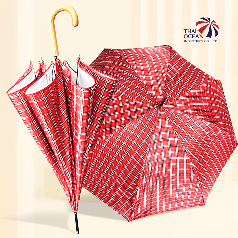 Leo ร่มยาว ลายสก๊อต ขนาด 105 ซม ขนาดพอดีคน ด้ามลายไม้