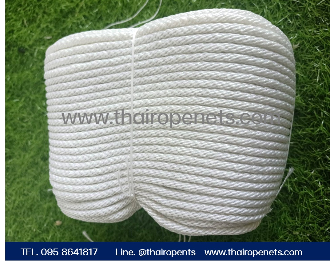 Size 4mm. เชือกถักสีขาว เชือกมัดเสาธง เชือกโพลีเอสเตอร์เกรดA ยาว 100 เมตร/ม้วน