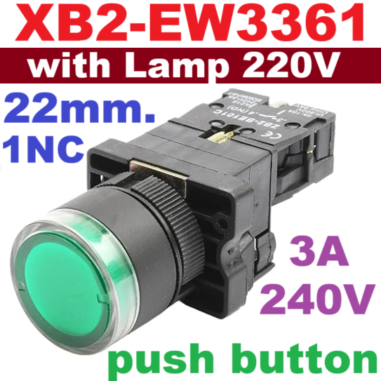 XB2-EW3361 with Lamp Green color 220V push button switch 22mm. ZB2-BE101C Normally open Contact (NO.) Plastic type