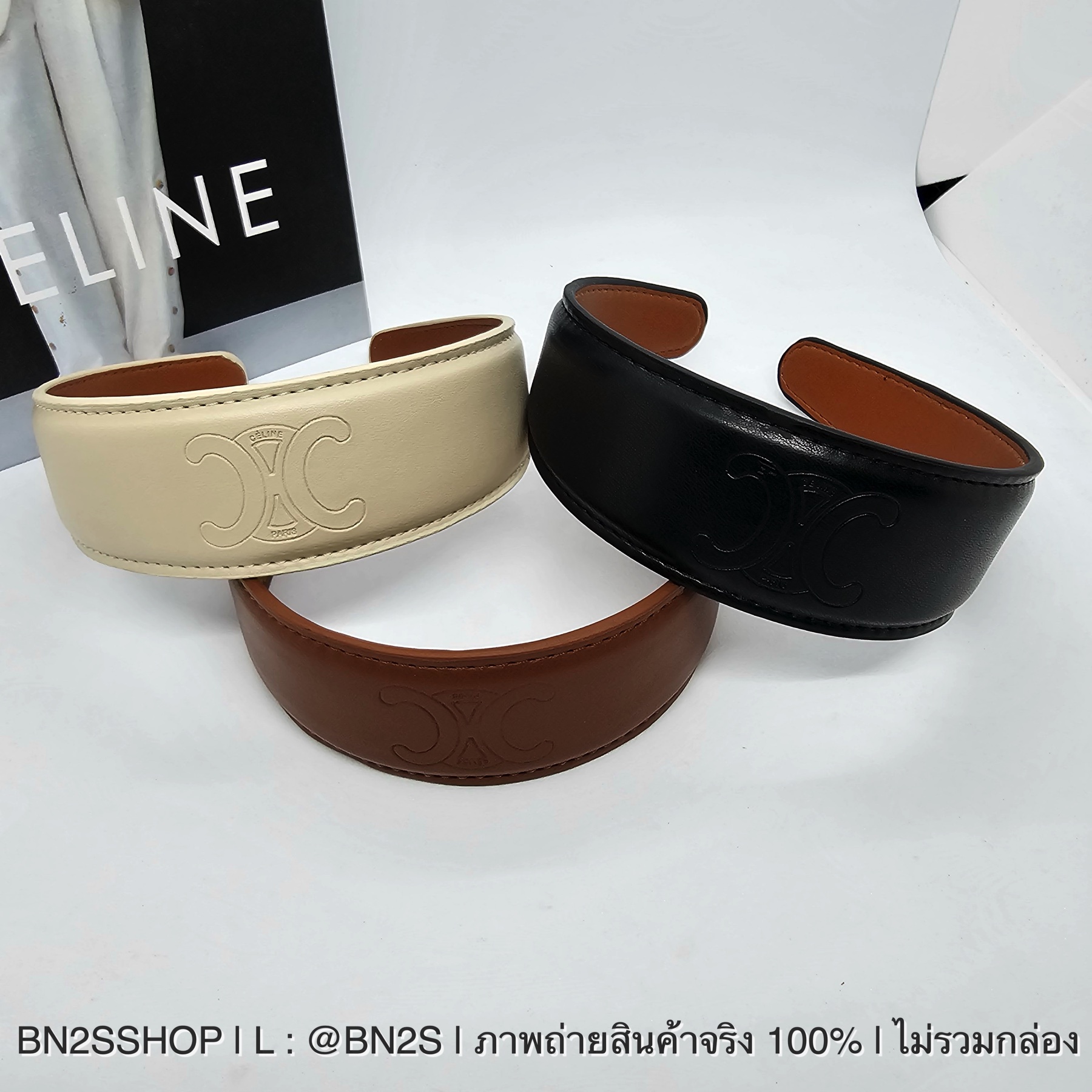 สีดำ | CELINE Cuir Headband in Calfskin Leather ที่คาดผมลายปัม CL งานหนังสีน้ำตาล งานปั๊ม หนังนุ่มมือมาก ถ่ายจากสินค้าจริง