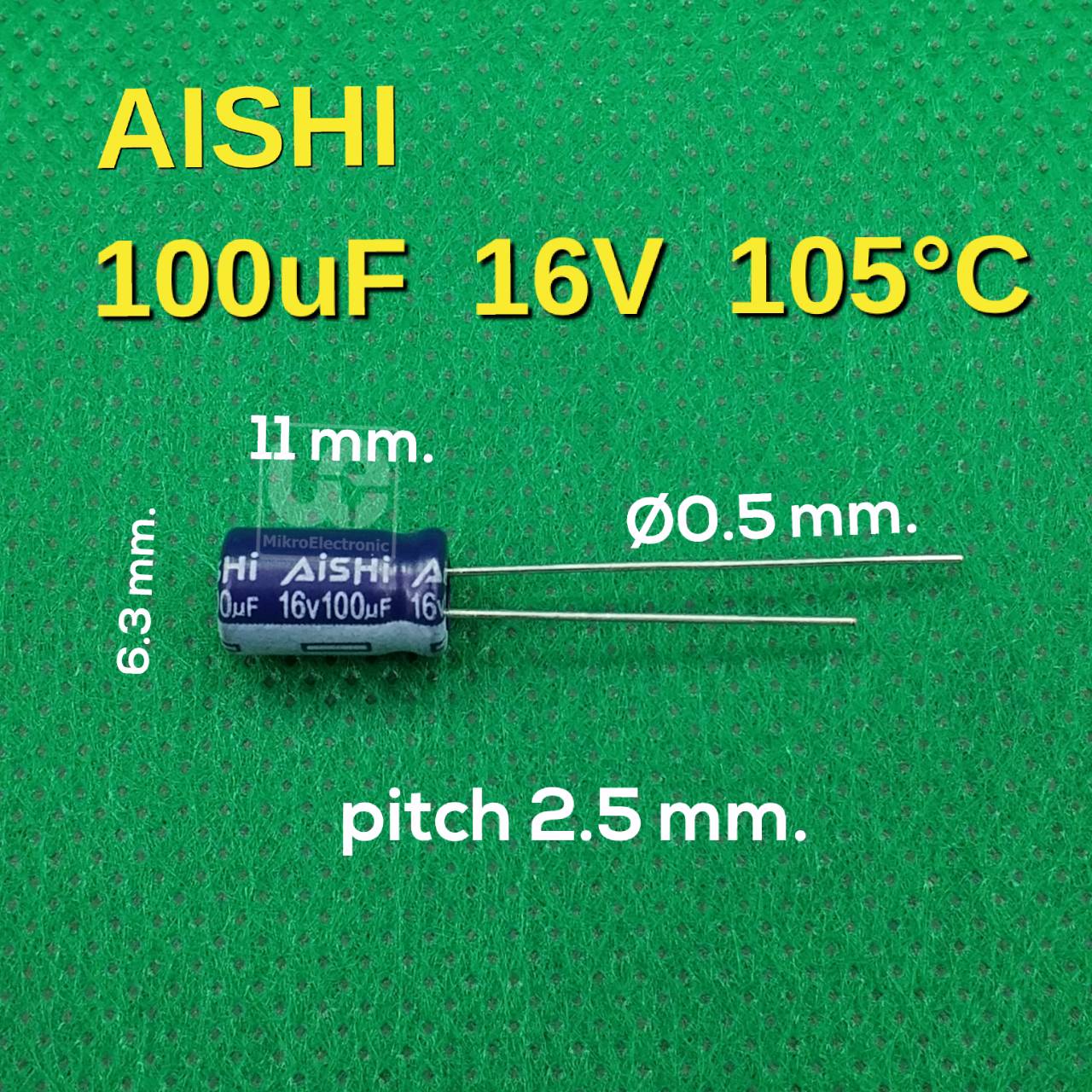 ตัวเก็บประจุ 100uF 16V pitch 2.5 mm. -40°C to +105°C AISHI Capacitor