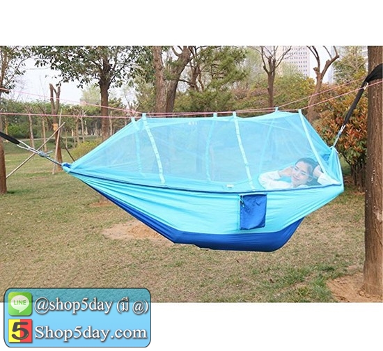 เปลเดินป่า เปลญวน มีมุ้งกันยุงสำหรับตั้งแคมป์ สีฟ้า-น้ำเงิน