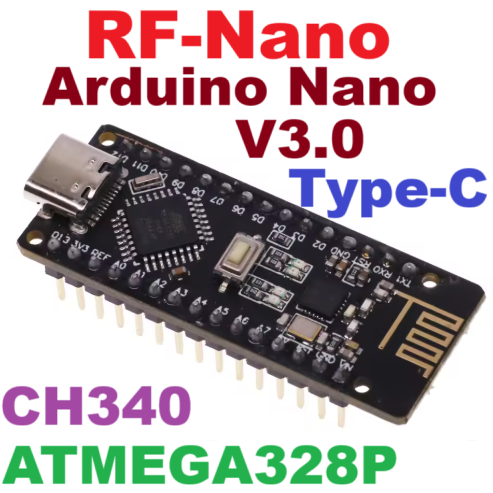 RF-Nano works with ATMEGA328P Nano V3.0 integrated NRF24L01 wireless CH340 serial module.