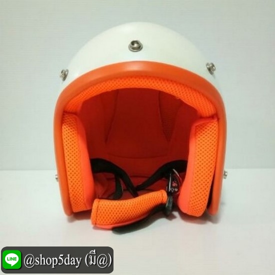 หมวกกันน็อคแนววินเทจ คลาสสิค สีขาวมุกขอบส้ม ถอดซักได้