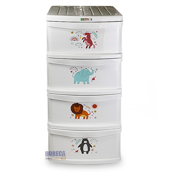 ตู้ลิ้นชัก 4 ชั้น ลายการ์ตูน โครงขาว บิ๊กพลาส