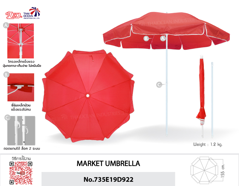 Leo ร่มสนาม สำหรับแม่ค้า,ขายของ,ร้านกาแฟ ขนาด Ø1.55 เมตร