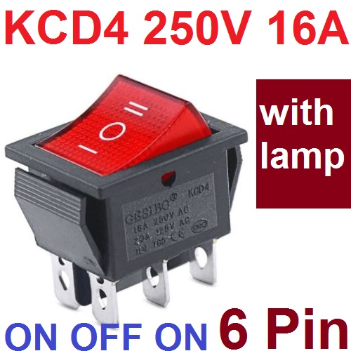 สวิตช์ 3 ทาง 6 ขา มีไฟสีแดง KCD4 Red Light 6-pin 3 Gear 31x25mm 16A250V Rocker Switch Power Button