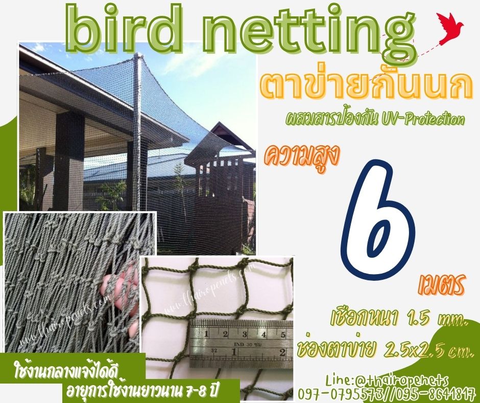 ตาข่ายล้อมรั้วกันนกพิราบ bird netting ความสูง 6 เมตร รุ่นหนา 1.5 มิล ช่องตา 2.5x2.5 cm. กดเลือกความยาวตามต้องการได้เลยค่ะ