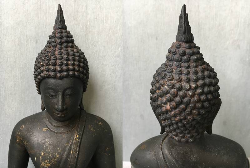 พระบูชา ล้อศิลปะสุโขทัย ขนาดหน้าตัก 8 นิ้ว สูง 12 นิ้ว เนื้อสัมฤทธิ์ดำ "เป็นส่วนผสมที่มีโลหะเงินมาก" หล่อดินไทย เนื้อเก่าถึงยุคมาก สวย เข้ม ขลัง