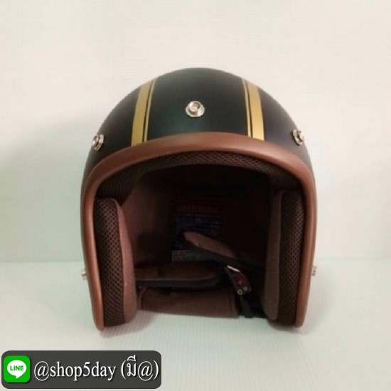 AVEX หมวกกันน็อควินเทจคลาสสิค ราคาถูก รุ่นLB HIGH สีดำด้านคาดทอง คิ้วน้ำตาล ผ้าน้ำตาล