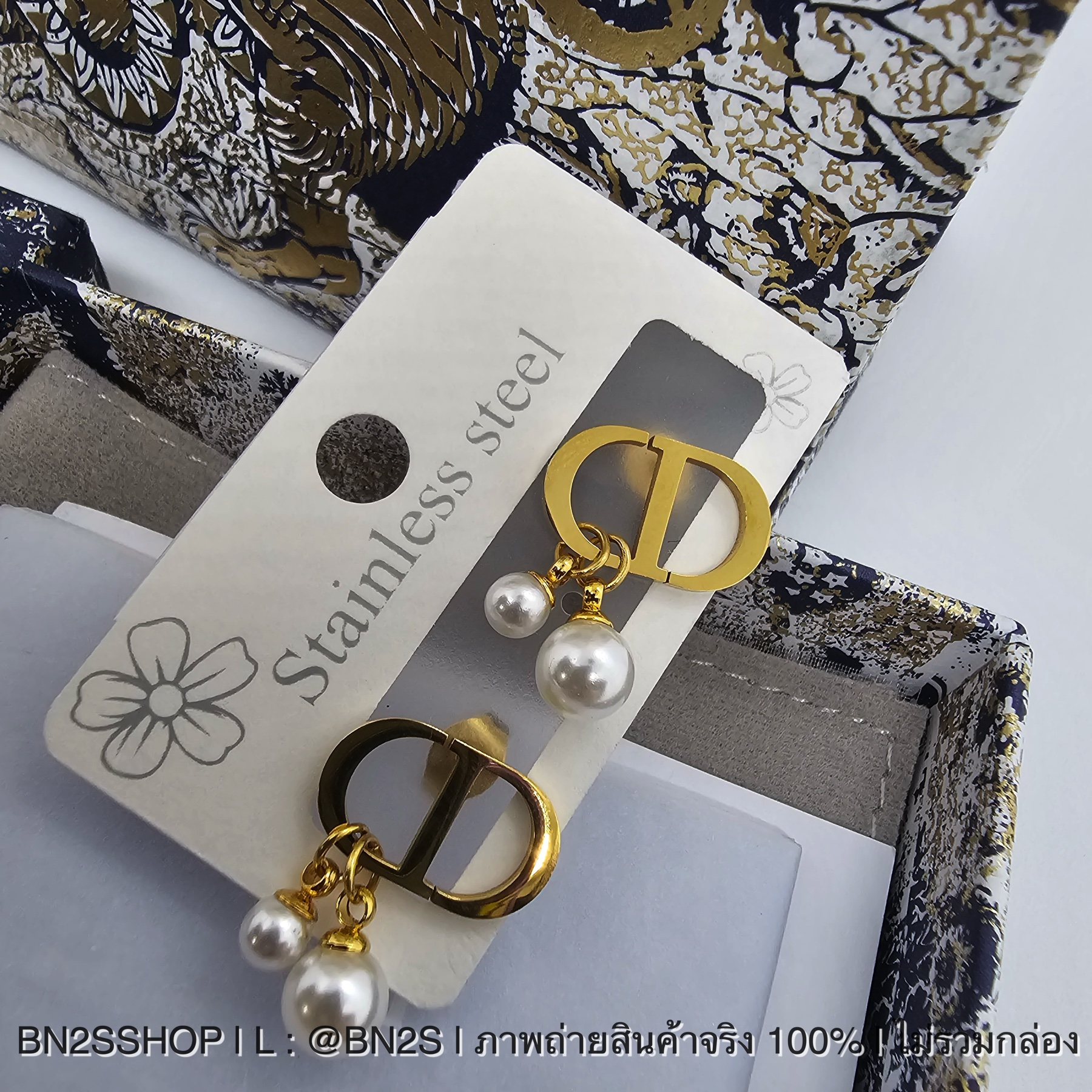 Dior CD Earrings ต่างหูดิออ ห้อยจี้ไข่มุก อะไหล่ทอง งานสวยไม่ลอก ไม่ดำ