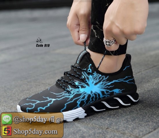 รองเท้าผ้าใบ หนัง PU ลายสุดแนว อินเทรนด์วัยรุ่น (ดำ-ฟ้า)