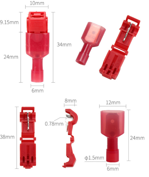 T-TAB ตัวเชื่อม สายไฟ แบบล็อค ไม่ต้องปอกฉนวน สีแดง สำหรับสายไฟ 0.5-1.0 Sqmm. (22-18 AWG)T1 T-type 0.5-1.5 sq.mm.free wire quick connection terminal connector clip connector