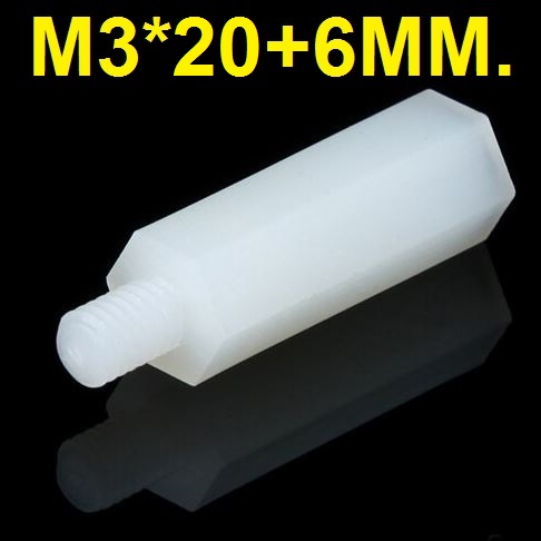 เสารองพลาสติก M3*20+6 mm. แบบหกเหลี่ยม M3x20+6mm PCB Hexagonal nylon insulation support board spacer เสารอง PCB ไนล่อน น็อตไนลอน