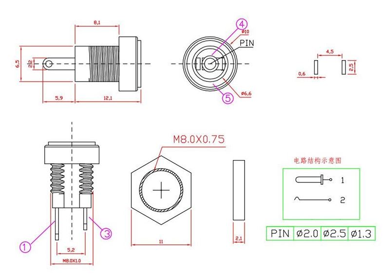 แจ็ค DC-022B 5.5*2.1mm. female DC socket DC Power Socket Jack Connector Socket with Nut 2Pin Soldering 5.5x2.1mm.