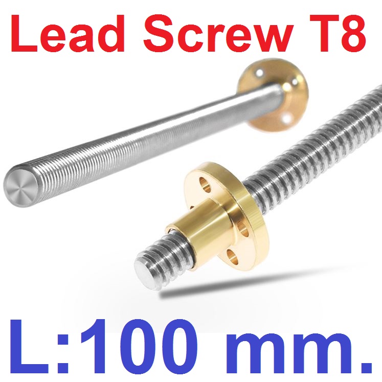 แกนสกรูขนาด 8mm. ยาว 100mm. ระยะเกลียว 2 mm. Lead Screw Dia 8mm Length 100mm pitch 2mm. with Nut T8 Lead Screw for RepRap 3D Printers Parts Trapezoidal Screw Copper Nuts
