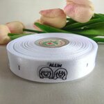 ป้ายคอเสื้อ เนื้อริบบิ้นซาติน 2.0 ซม. ริบบิ้นสีขาว 1 พิมพ์ดำ 1 ม้วน