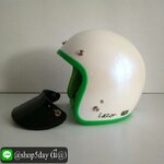 หมวกกันน็อคสไตล์วินเทจ คลาสสิค ลายแนวๆ เท่ๆ สีขาวมุก ขอบเขียว ถอดซักได้