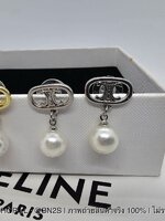 สีเงิน | CELINE Triomphe Pearl Earrings ต่างหูจี้สตั๊ดโลโก้ซีลีน ห้อยจี้ไข่มุก ราคาเบาๆ