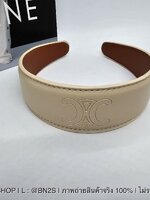 เบจ | CELINE Cuir Headband in Calfskin Leather ที่คาดผมลายปัม CL งานหนังสีน้ำตาล งานปั๊ม หนังนุ่มมือมาก ถ่ายจากสินค้าจริง