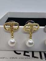 สีทอง | CELINE Triomphe Pearl Earrings ต่างหูจี้สตั๊ดโลโก้ซีลีน ห้อยจี้ไข่มุก ราคาเบาๆ
