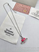 สีชมพู | Vivienne Westwood Diamante Heart Pendant Necklace สร้อยคอรูปหัวใจ วิเวียน มี 4 สีให้เลือก ดำ ขาว ชมพู แดง สายโซ่อะไหล่เงิน งานปั๊มโลโก้ 1:1 ยาว 40 ซม. ราคา 189฿ ไม่รวมกล่อง