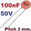 ตัวเก็บประจุแบบเซรามิก 0.1uF (100nF) 50V Ceramic Disc Capacitor Tolerance -20/+80% Dia 5mm Pitch 3 mm.